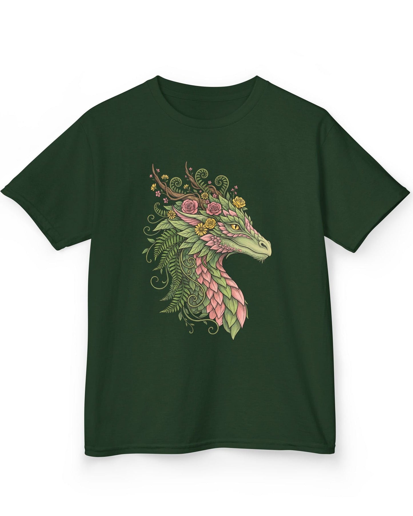 Woodland Reverie shirt in forest green featuring a green dragon with pink leaf scales, flowers, vines, ferns, and antlers