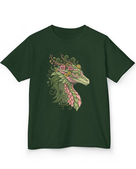 Woodland Reverie shirt in forest green featuring a green dragon with pink leaf scales, flowers, vines, ferns, and antlers