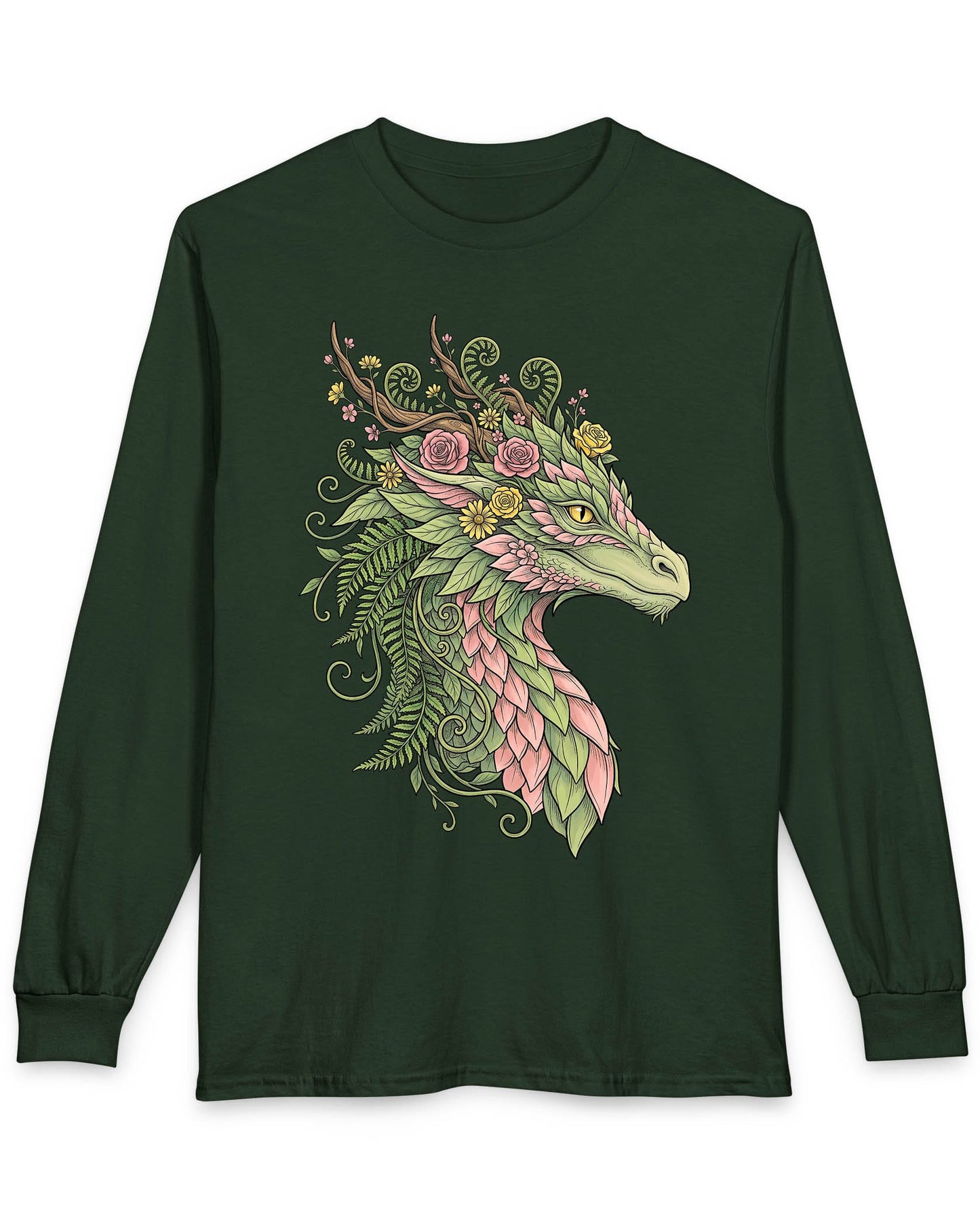 Woodland Reverie shirt in forest green featuring a green dragon with pink leaf scales, flowers, vines, ferns, and antlers