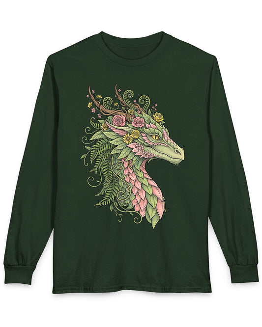Woodland Reverie shirt in forest green featuring a green dragon with pink leaf scales, flowers, vines, ferns, and antlers