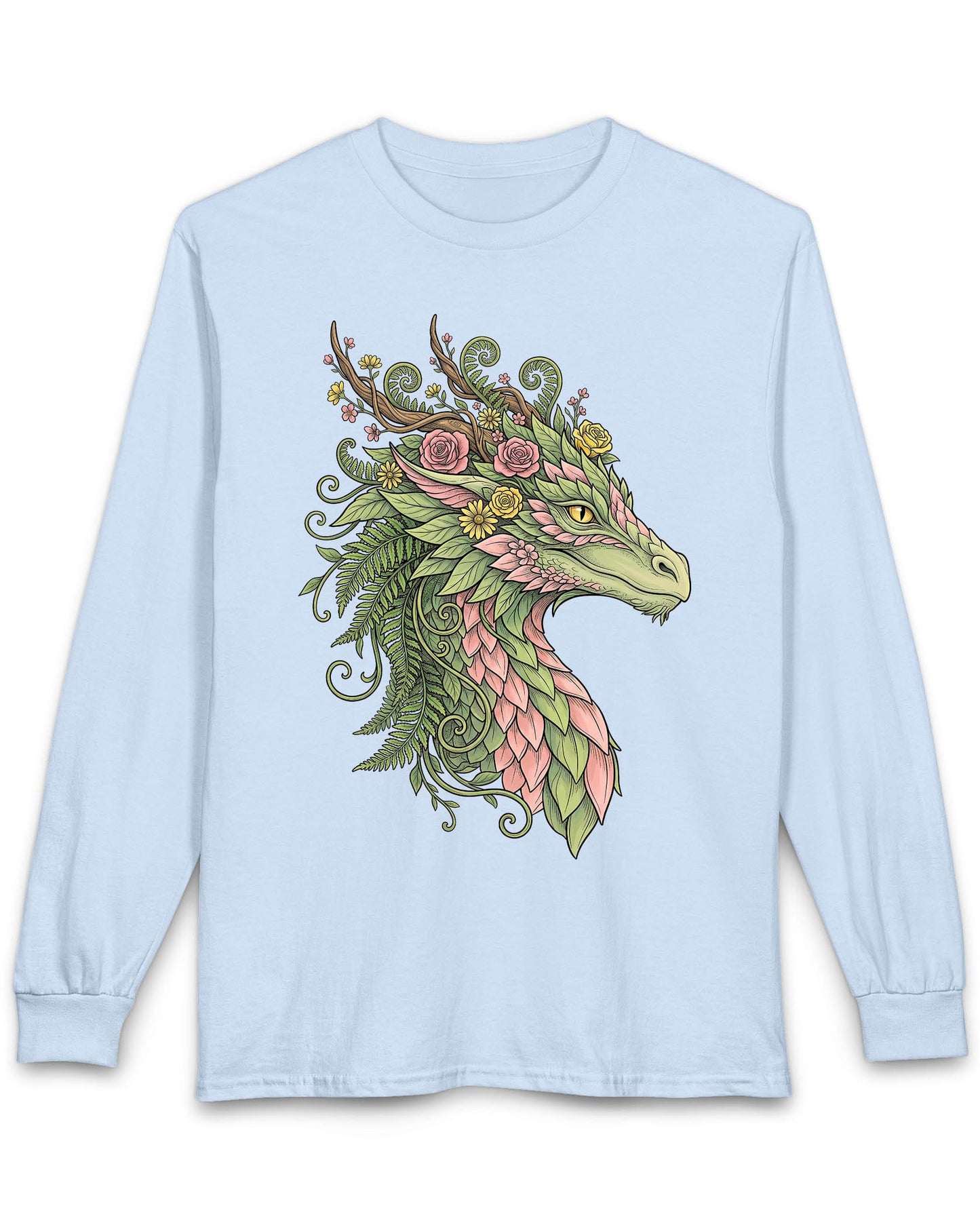 Woodland Reverie shirt in light blue featuring a green dragon with pink leaf scales, flowers, vines, ferns, and antlers