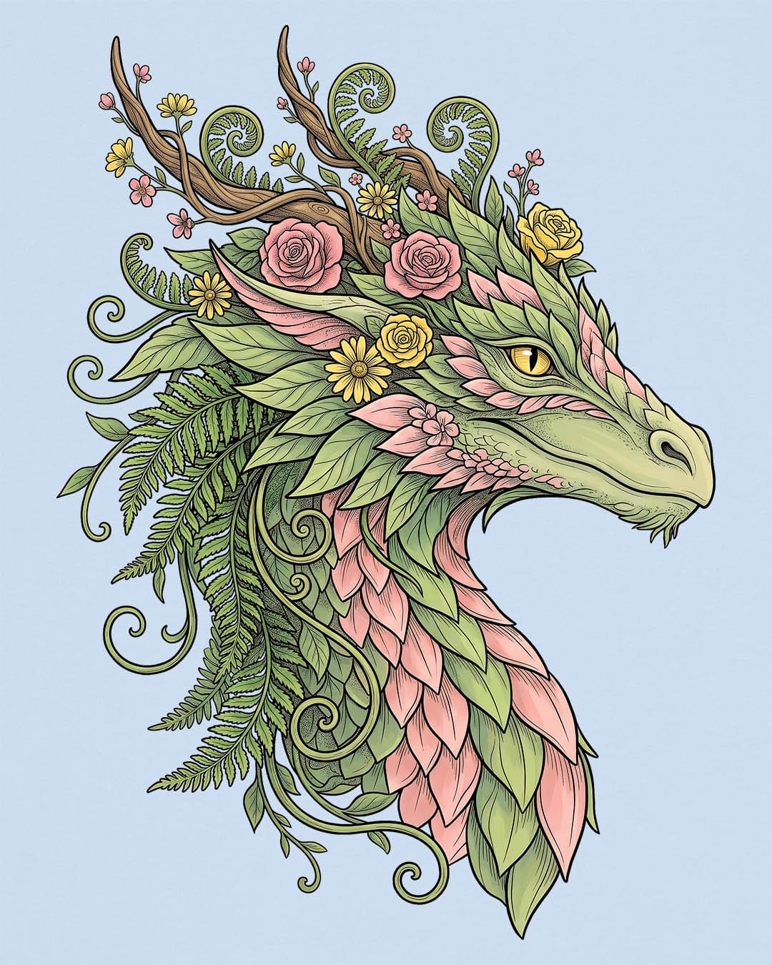 Woodland Reverie shirt in light blue featuring a green dragon with pink leaf scales, flowers, vines, ferns, and antlers