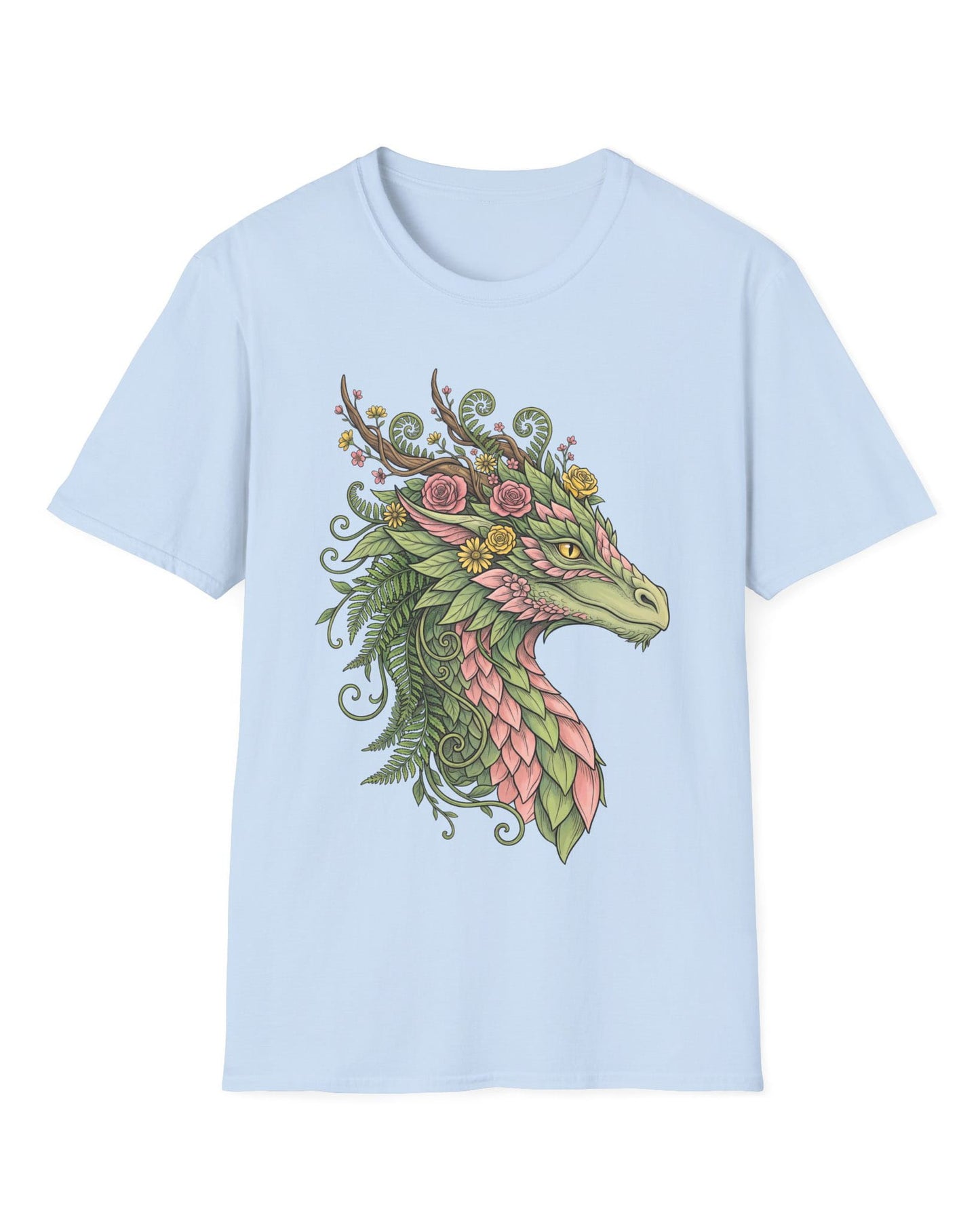 Woodland Reverie shirt in light blue featuring a green dragon with pink leaf scales, flowers, vines, ferns, and antlers