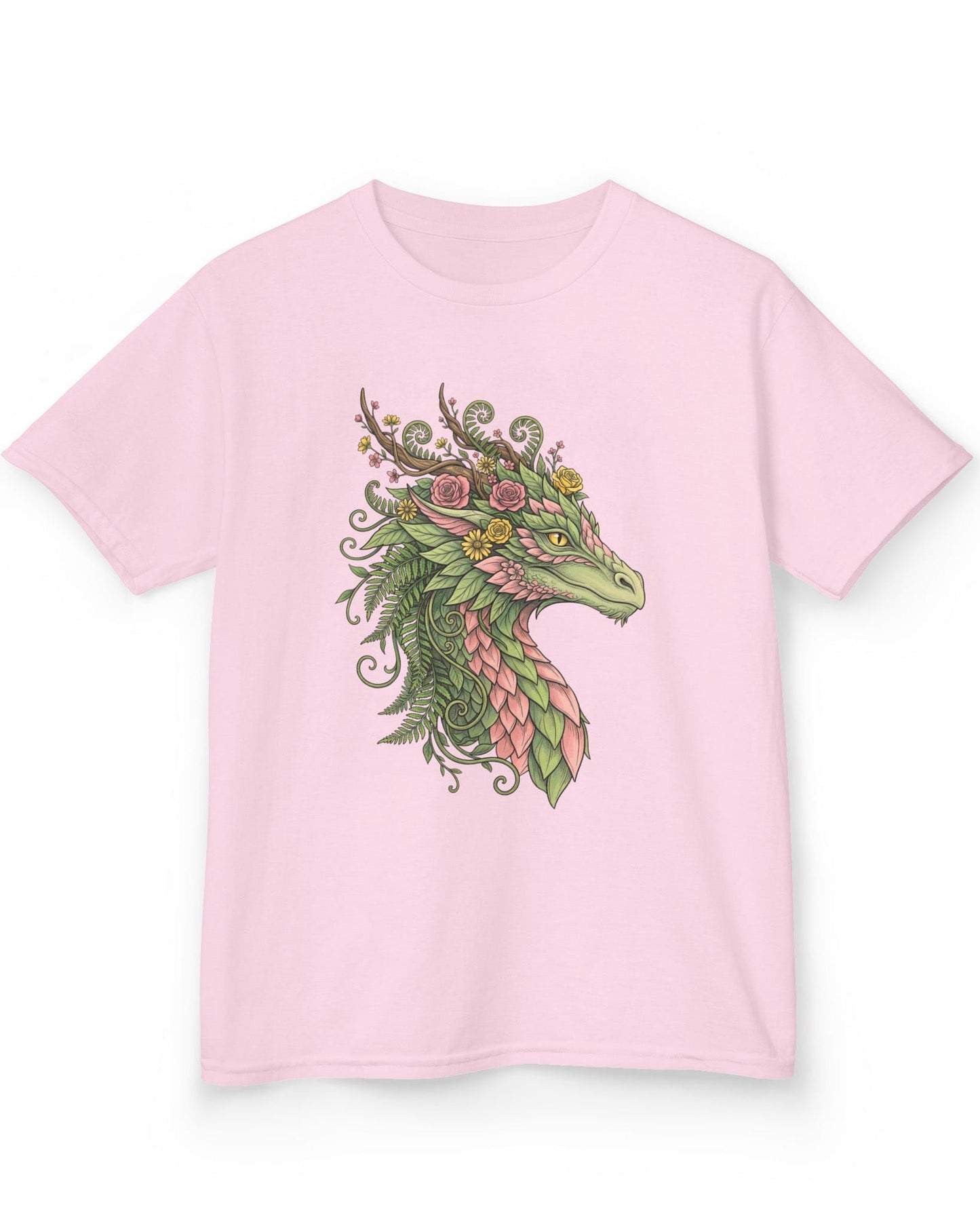 Woodland Reverie shirt in light pink featuring a green dragon with pink leaf scales, flowers, vines, ferns, and antlers