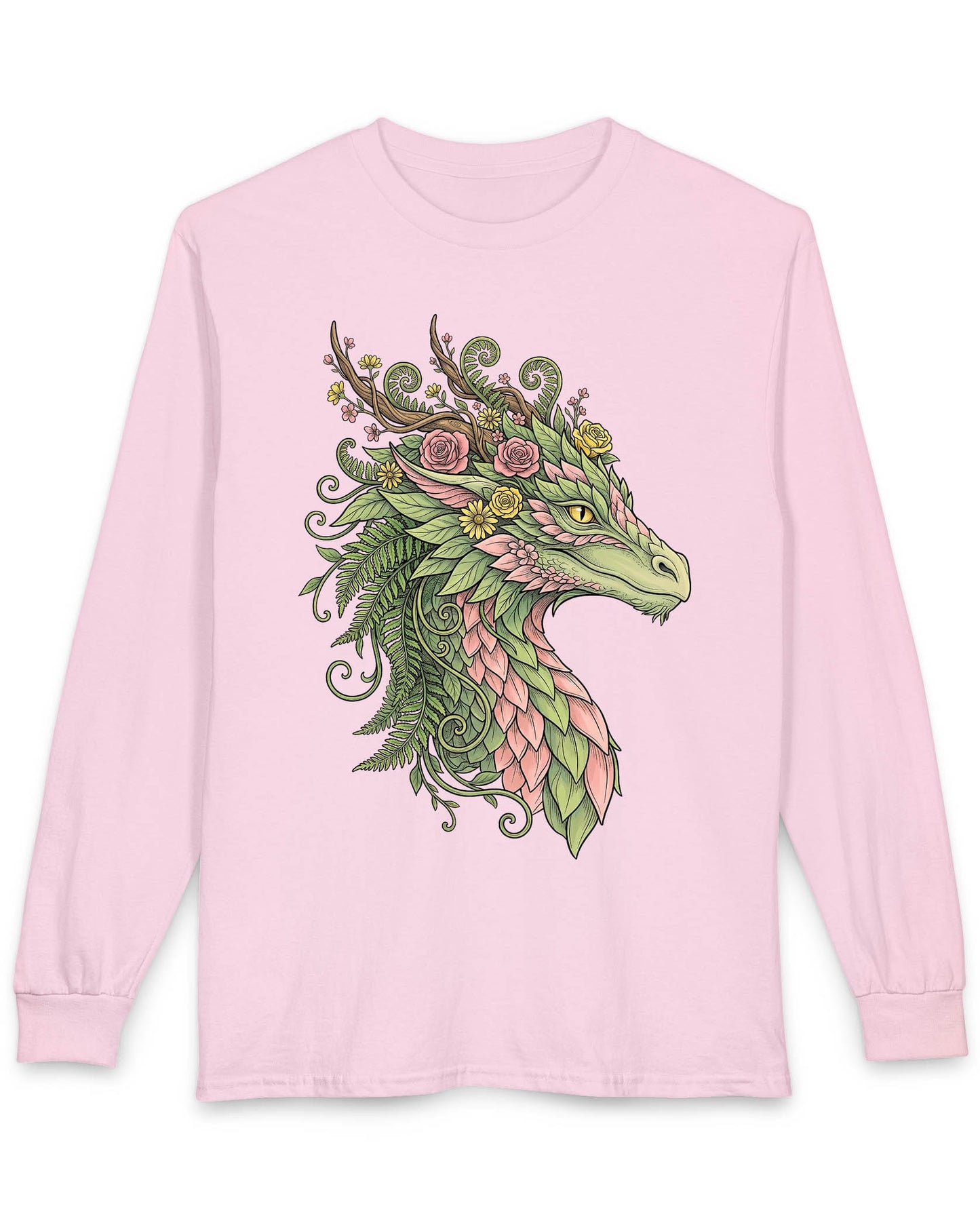 Woodland Reverie shirt in light pink featuring a green dragon with pink leaf scales, flowers, vines, ferns, and antlers