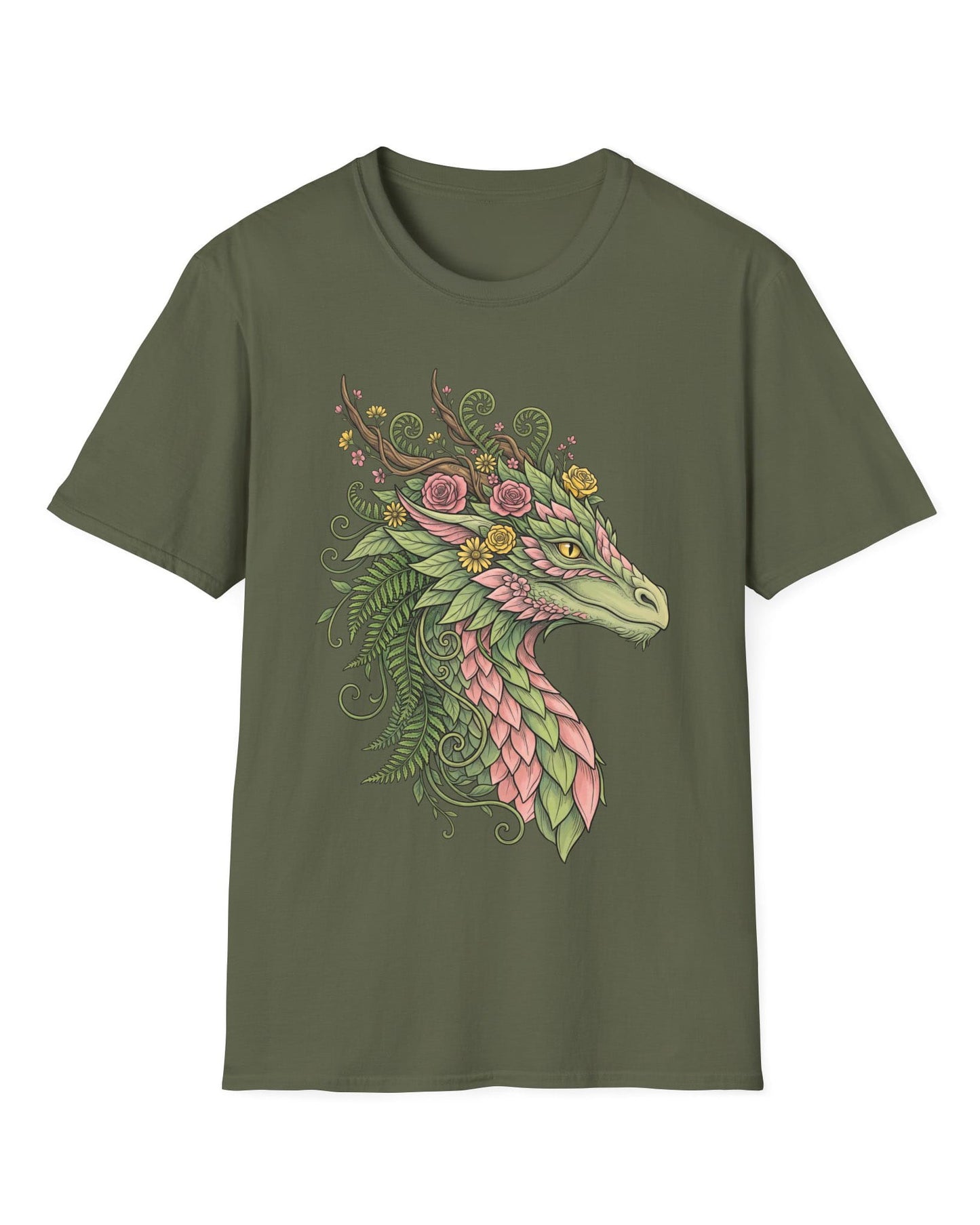 Woodland Reverie shirt in military green featuring a green dragon with pink leaf scales, flowers, vines, ferns, and antlers