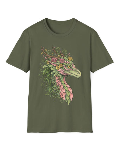 Woodland Reverie shirt in military green featuring a green dragon with pink leaf scales, flowers, vines, ferns, and antlers