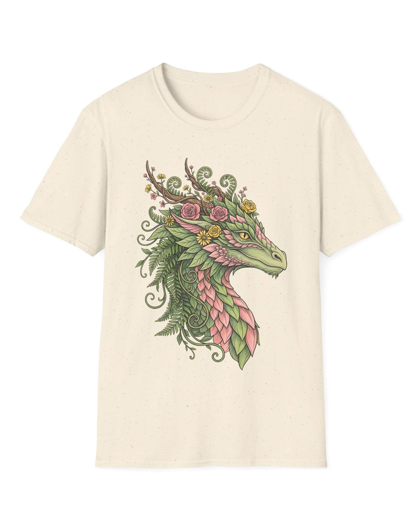 Woodland Reverie shirt in natural featuring a green dragon with pink leaf scales, flowers, vines, ferns, and antlers
