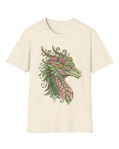 Woodland Reverie shirt in natural featuring a green dragon with pink leaf scales, flowers, vines, ferns, and antlers