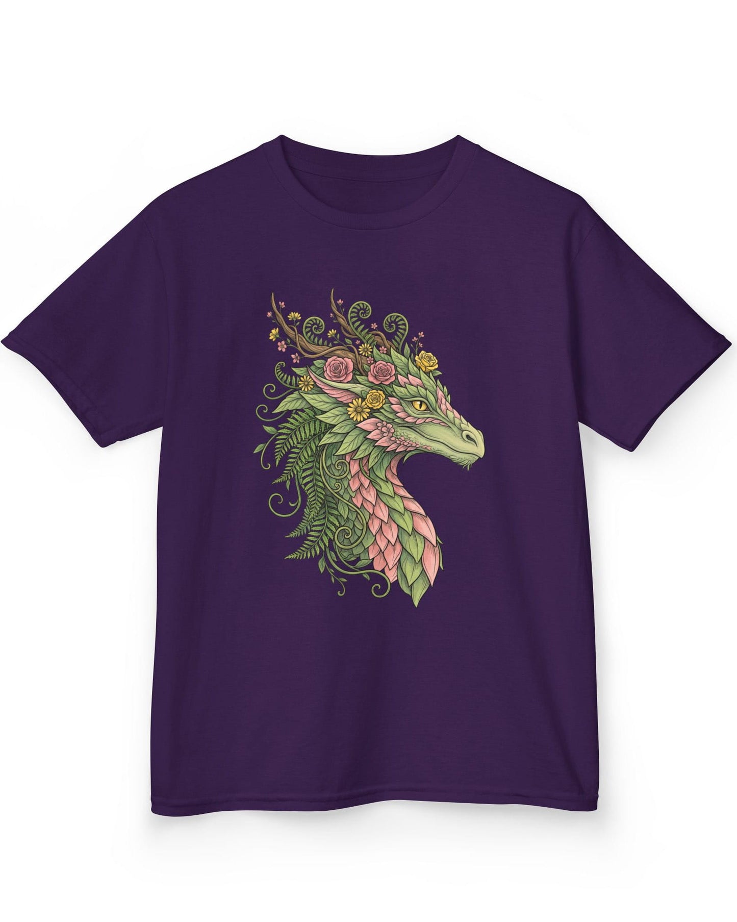 Woodland Reverie shirt in purple featuring a green dragon with pink leaf scales, flowers, vines, ferns, and antlers