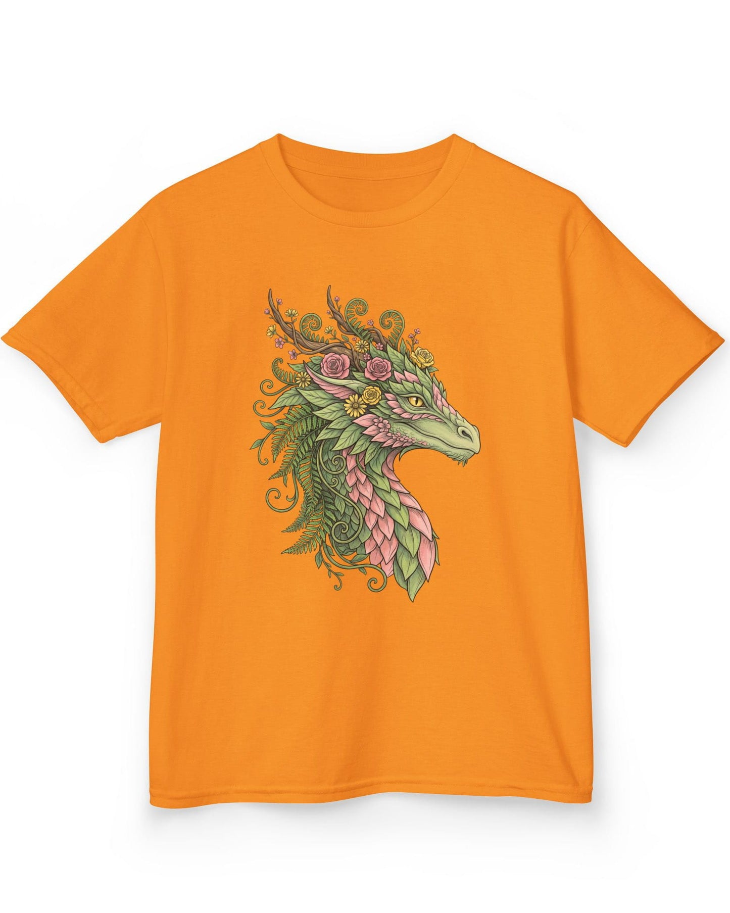 Woodland Reverie shirt in orange featuring a green dragon with pink leaf scales, flowers, vines, ferns, and antlers
