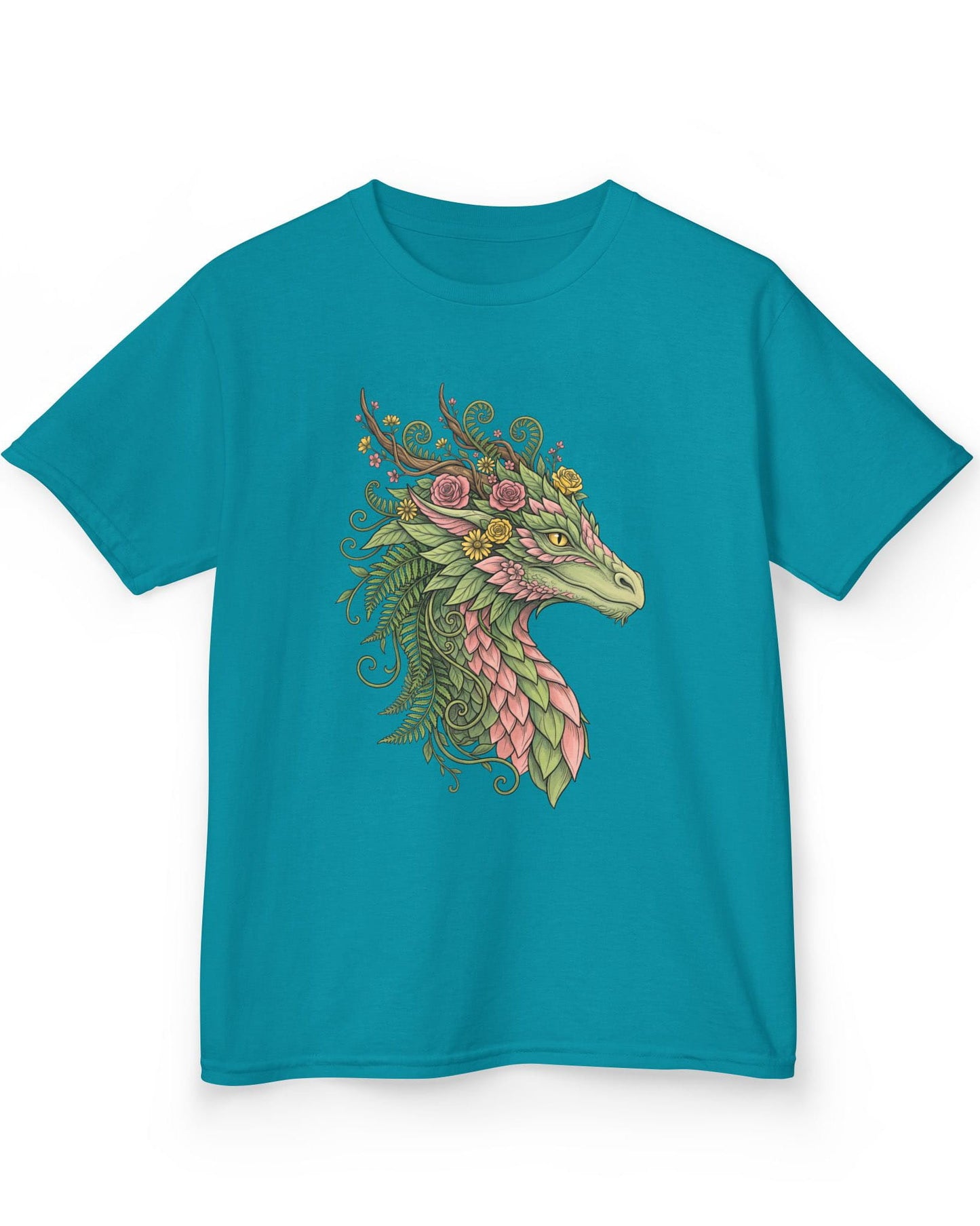 Woodland Reverie shirt in tropical blue featuring a green dragon with pink leaf scales, flowers, vines, ferns, and antlers