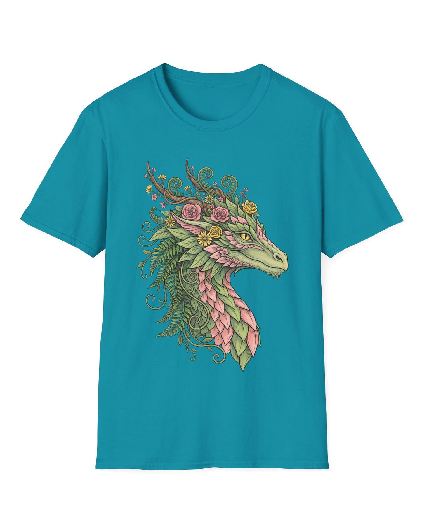 Woodland Reverie shirt in tropical blue featuring a green dragon with pink leaf scales, flowers, vines, ferns, and antlers