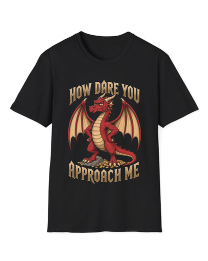 How Dare You Approach Me shirt in black featuring a grumpy red dragon standing on gold coins with hands on hips
