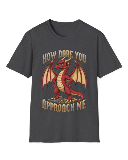 How Dare You Approach Me shirt in dark heather featuring a grumpy red dragon standing on gold coins with hands on hips