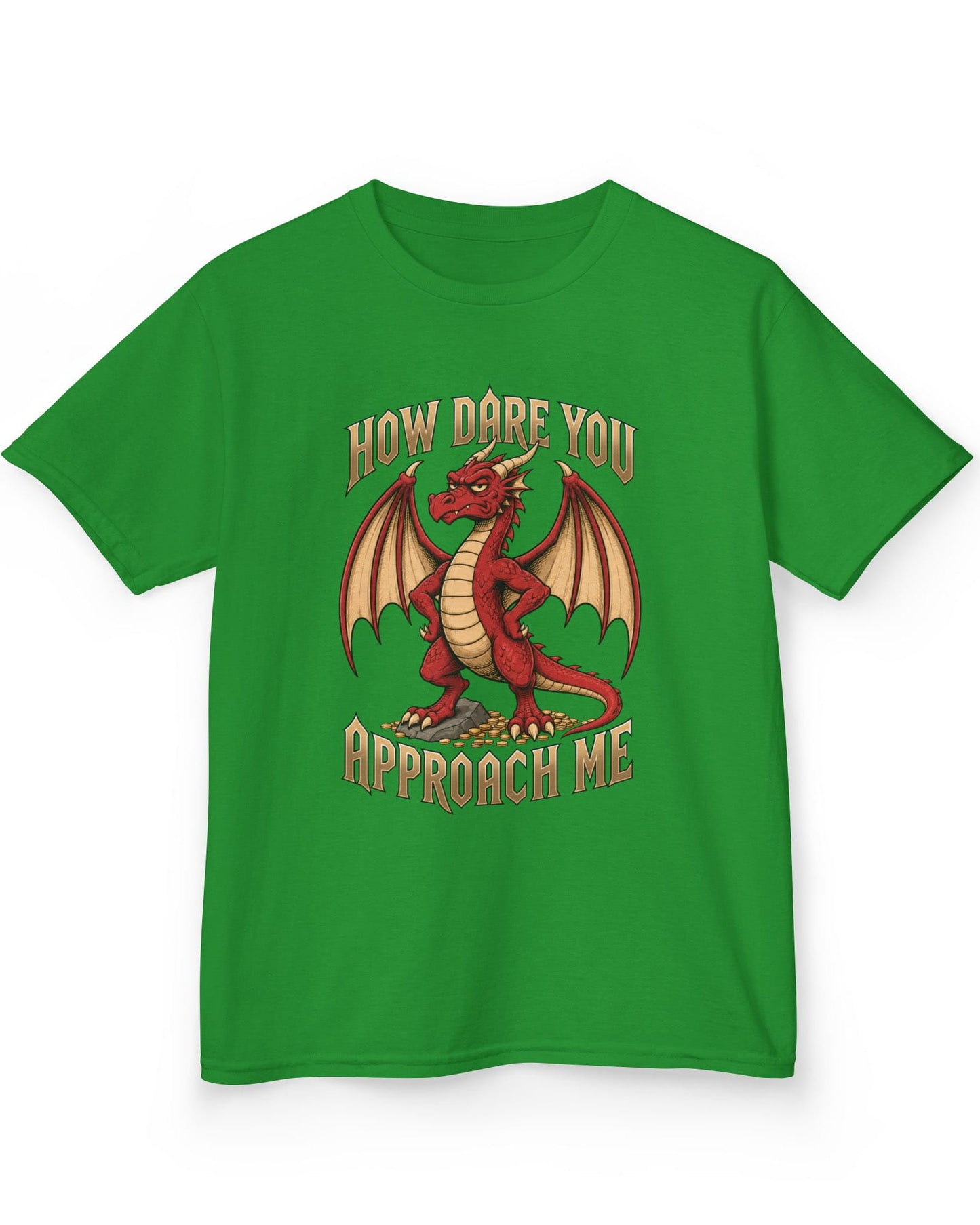How Dare You Approach Me shirt in Irish green featuring a grumpy red dragon standing on gold coins with hands on hips
