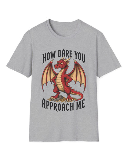 How Dare You Approach Me shirt in sport grey featuring a grumpy red dragon standing on gold coins with hands on hips