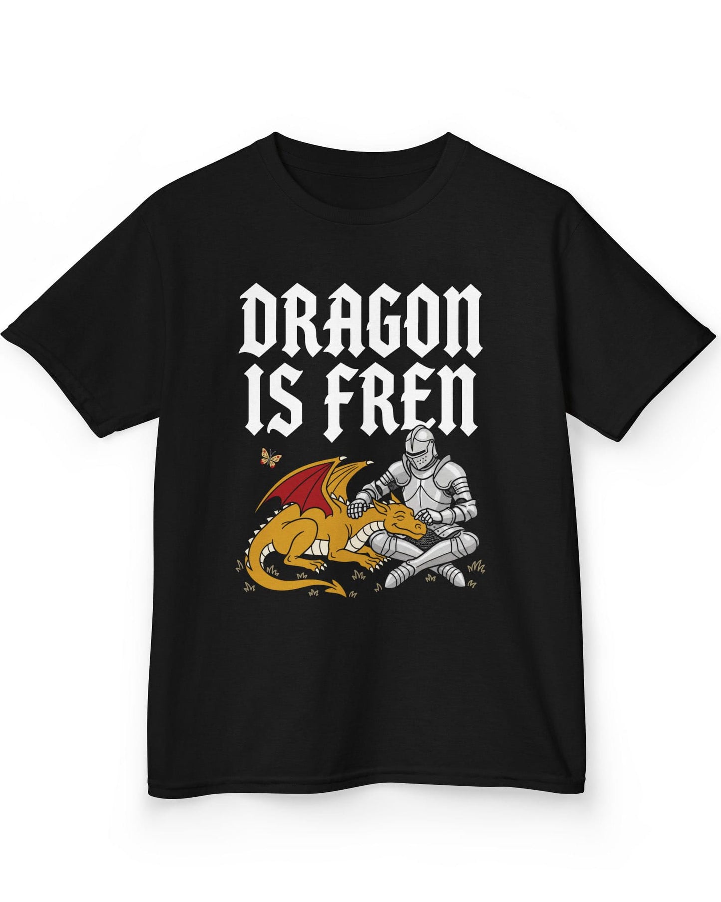 Dragon Is Fren shirt in black featuring a smiling yellow dragon being petted by a knight with a butterfly nearby