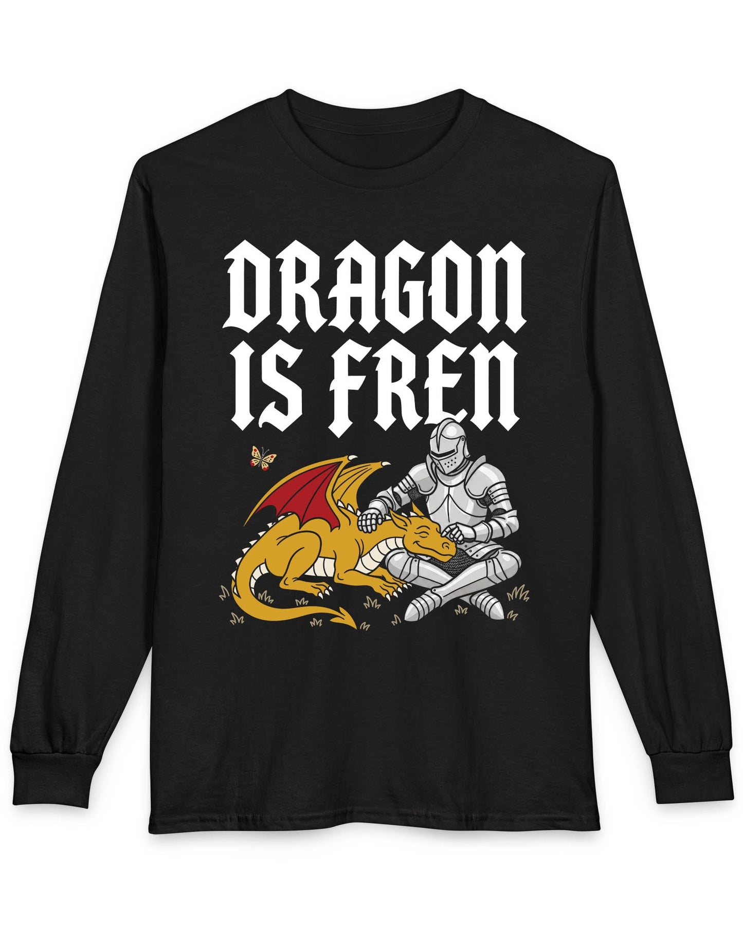 Dragon Is Fren shirt in black featuring a smiling yellow dragon being petted by a knight with a butterfly nearby
