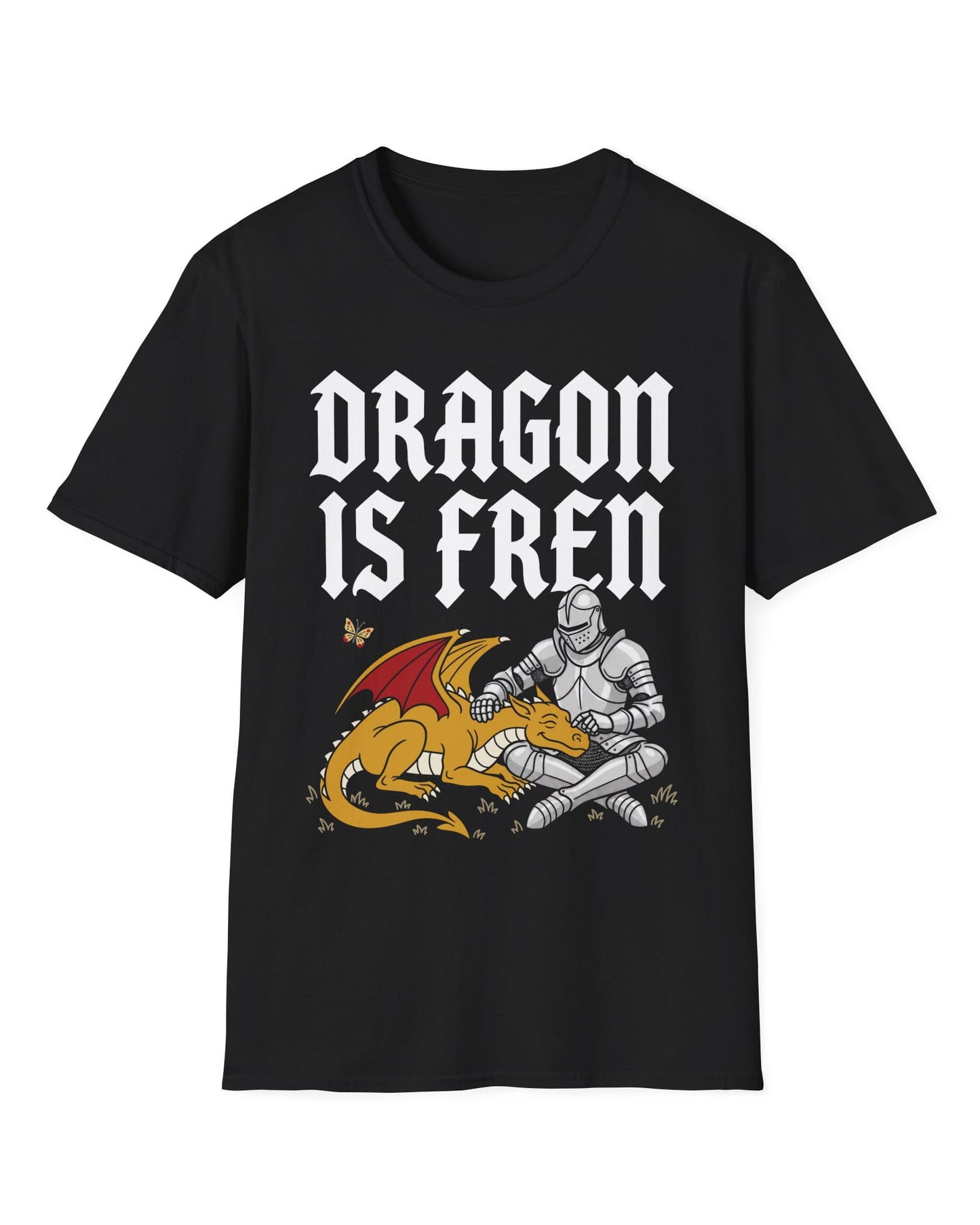 Dragon Is Fren shirt in black featuring a smiling yellow dragon being petted by a knight with a butterfly nearby