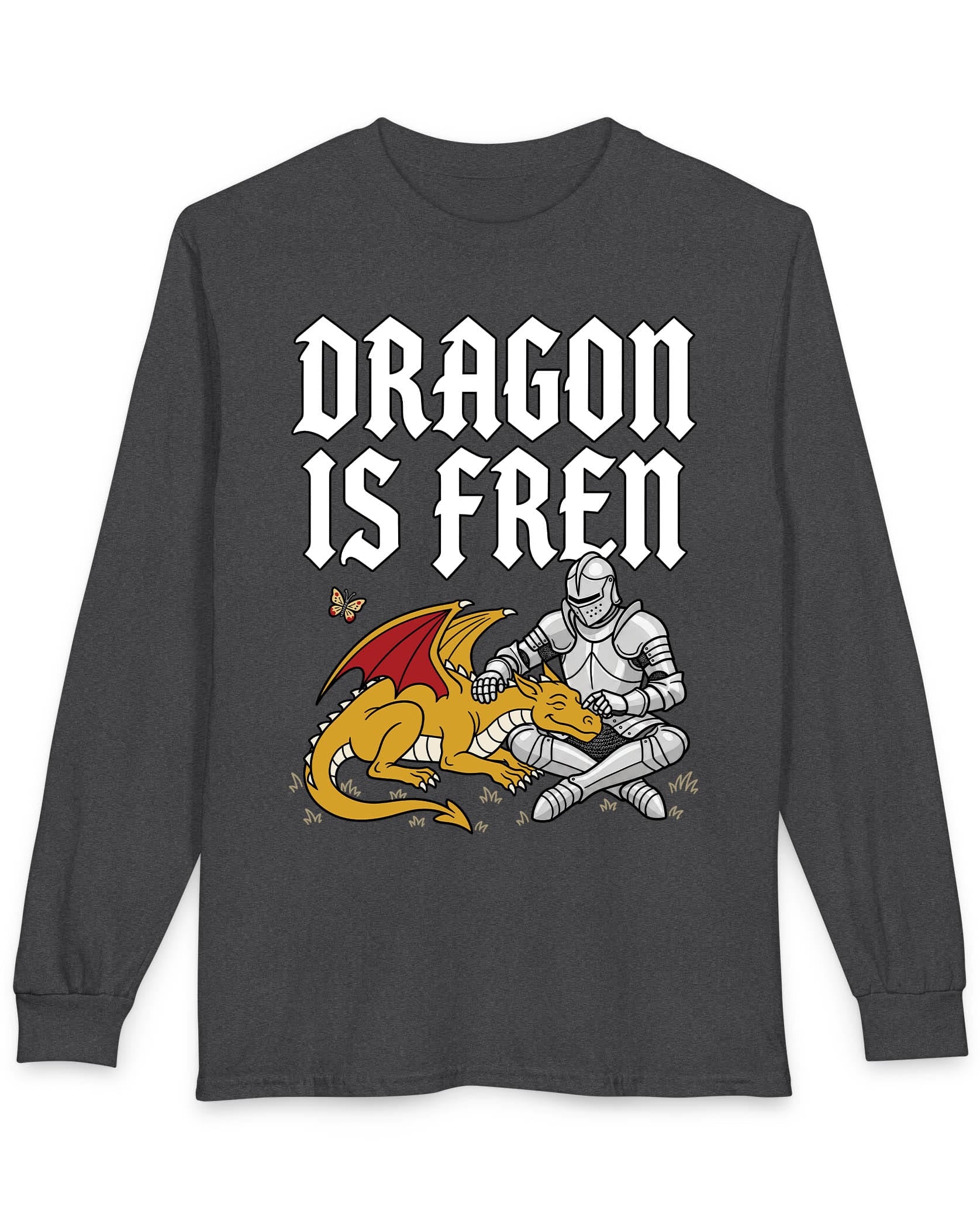 Dragon Is Fren shirt in dark heather featuring a smiling yellow dragon being petted by a knight with a butterfly nearby
