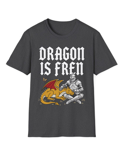 Dragon Is Fren shirt in dark heather featuring a smiling yellow dragon being petted by a knight with a butterfly nearby