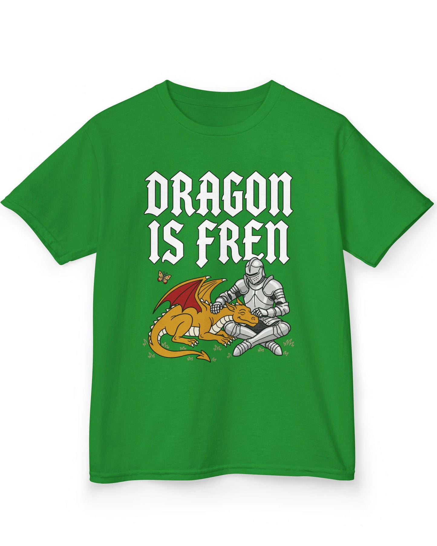 Dragon Is Fren shirt in Irish green featuring a smiling yellow dragon being petted by a knight with a butterfly nearby