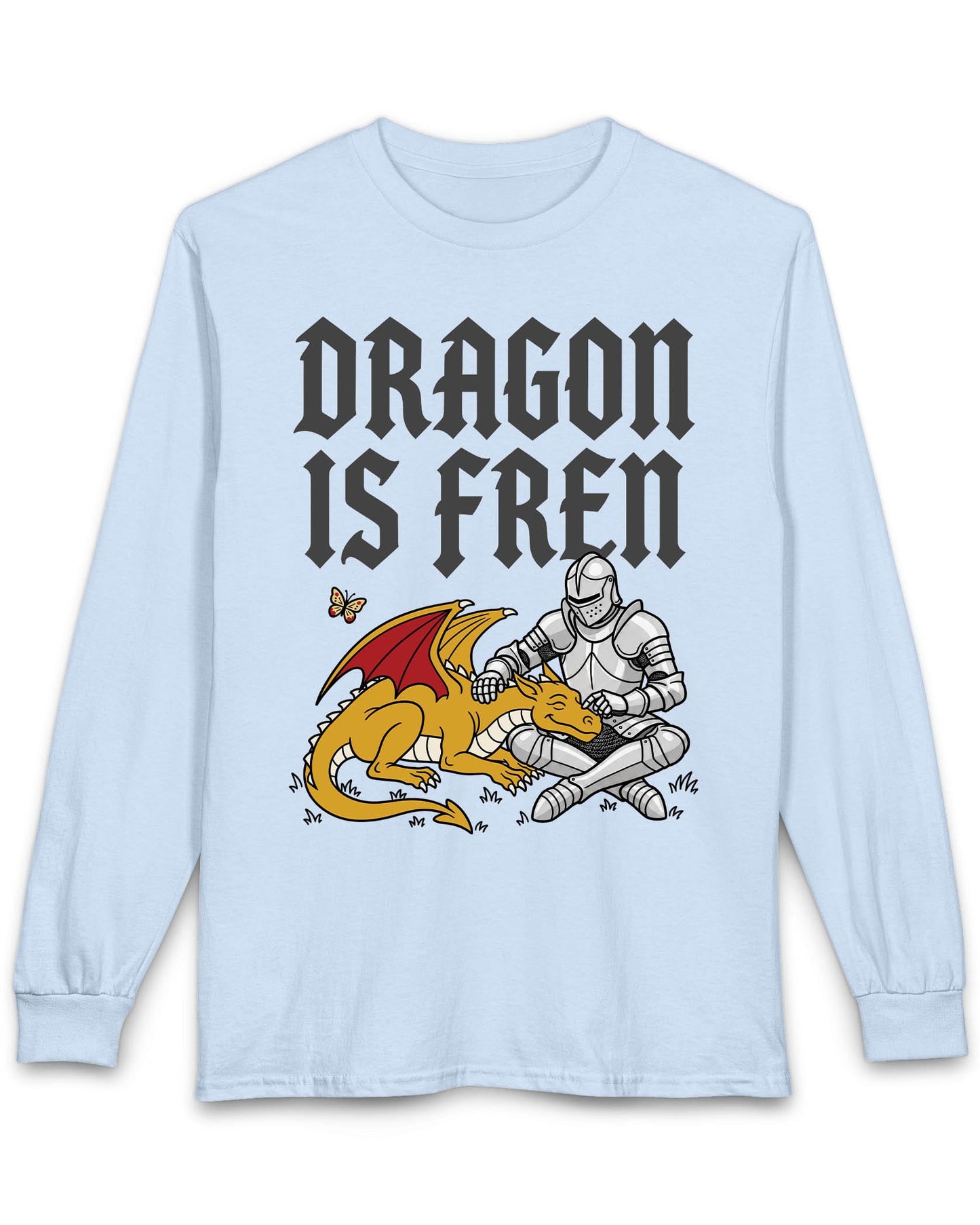 Dragon Is Fren shirt in light blue featuring a smiling yellow dragon being petted by a knight with a butterfly nearby