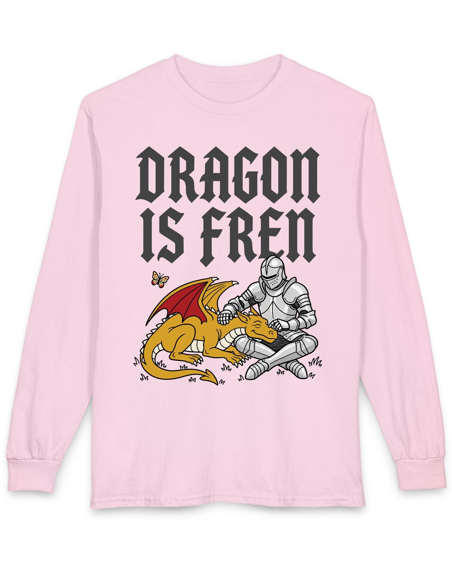 Dragon Is Fren shirt in light pink featuring a smiling yellow dragon being petted by a knight with a butterfly nearby