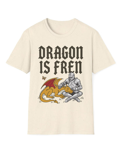 Dragon Is Fren shirt in natural featuring a smiling yellow dragon being petted by a knight with a butterfly nearby