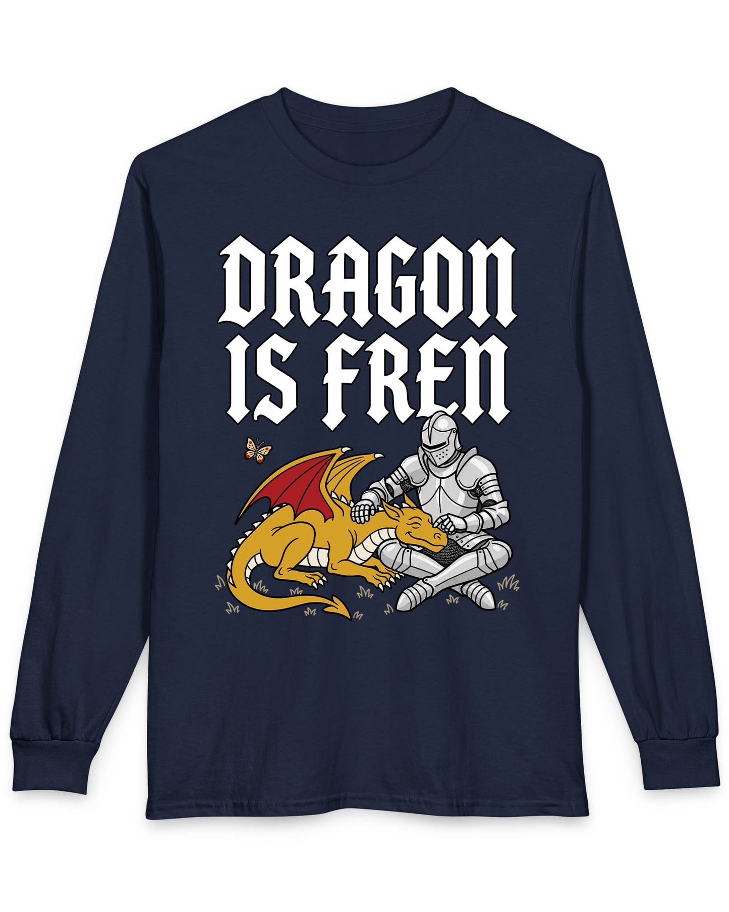 Dragon Is Fren shirt in navy featuring a smiling yellow dragon being petted by a knight with a butterfly nearby