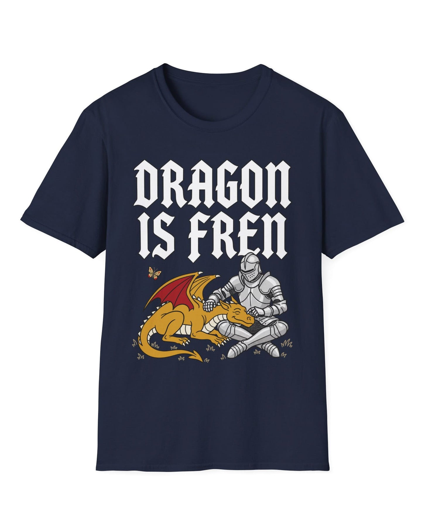 Dragon Is Fren shirt in navy featuring a smiling yellow dragon being petted by a knight with a butterfly nearby