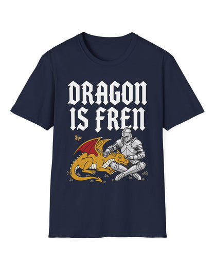 Dragon Is Fren shirt in navy featuring a smiling yellow dragon being petted by a knight with a butterfly nearby