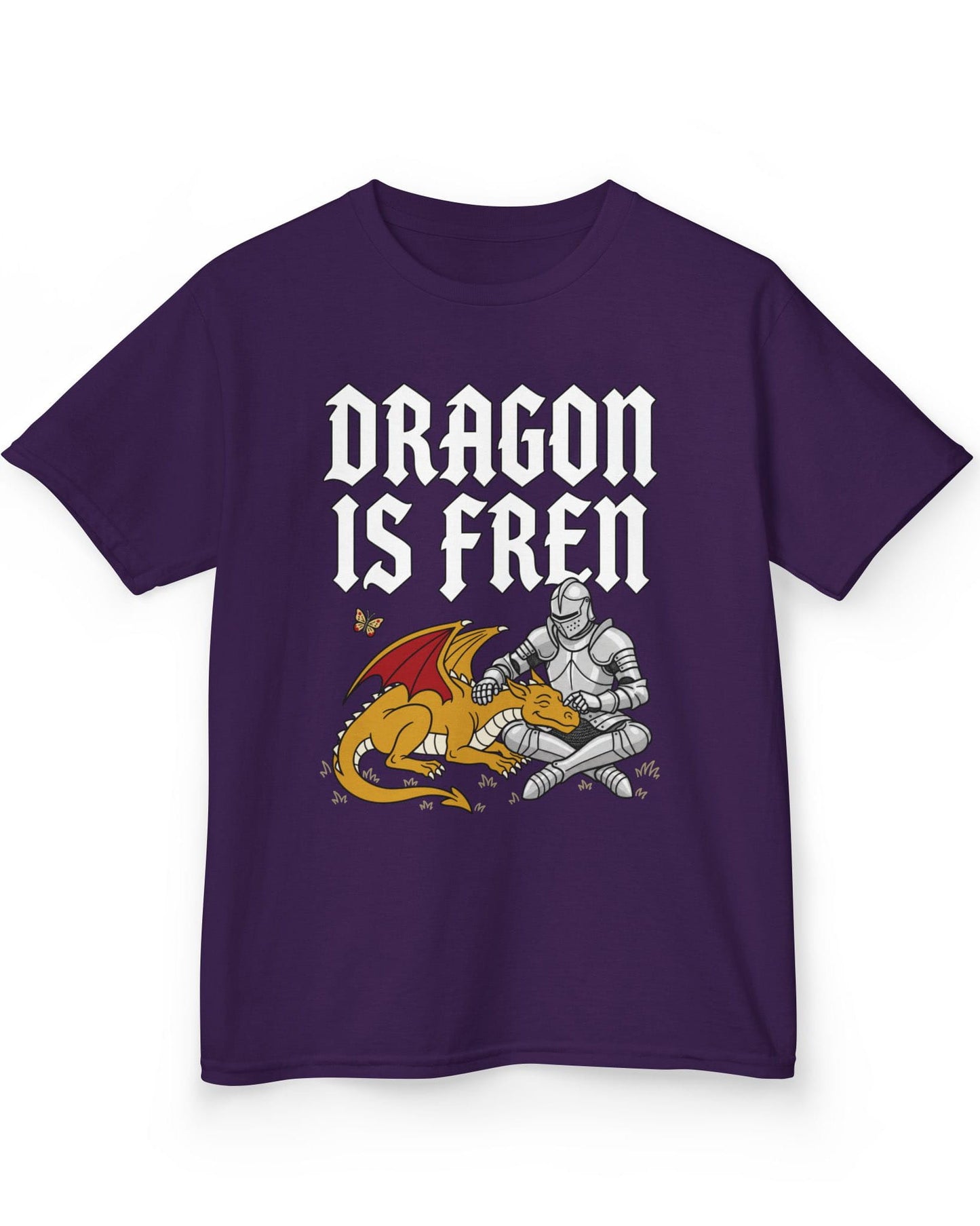 Dragon Is Fren shirt in purple featuring a smiling yellow dragon being petted by a knight with a butterfly nearby