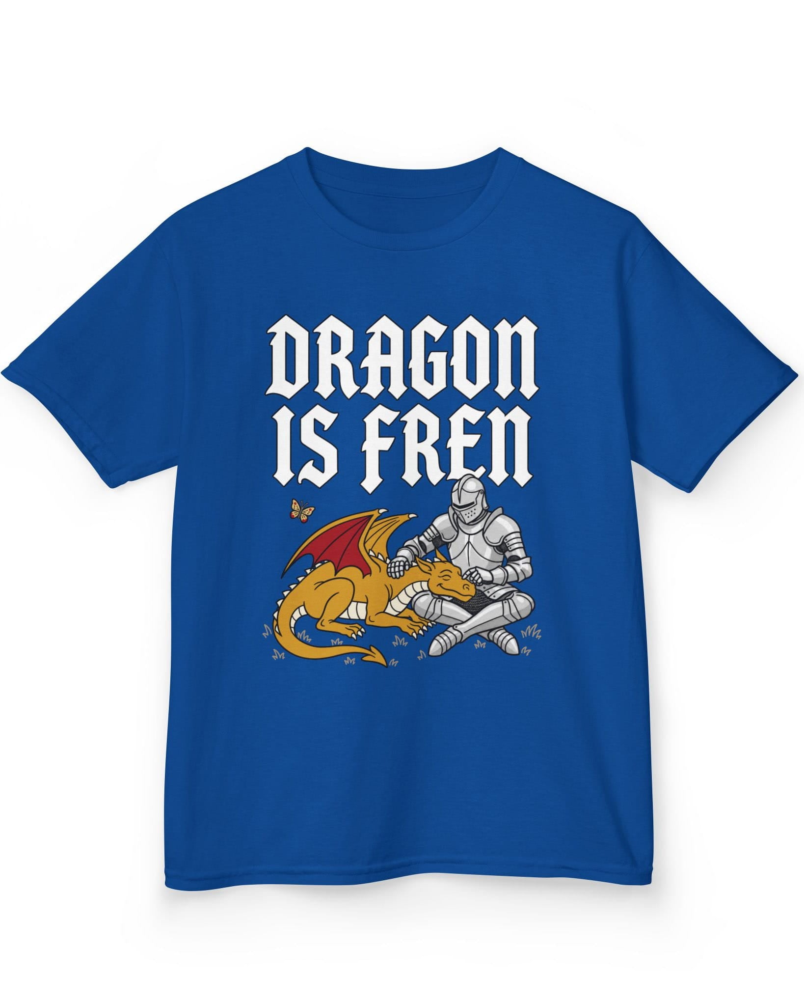 Dragon Is Fren shirt in royal blue featuring a smiling yellow dragon being petted by a knight with a butterfly nearby