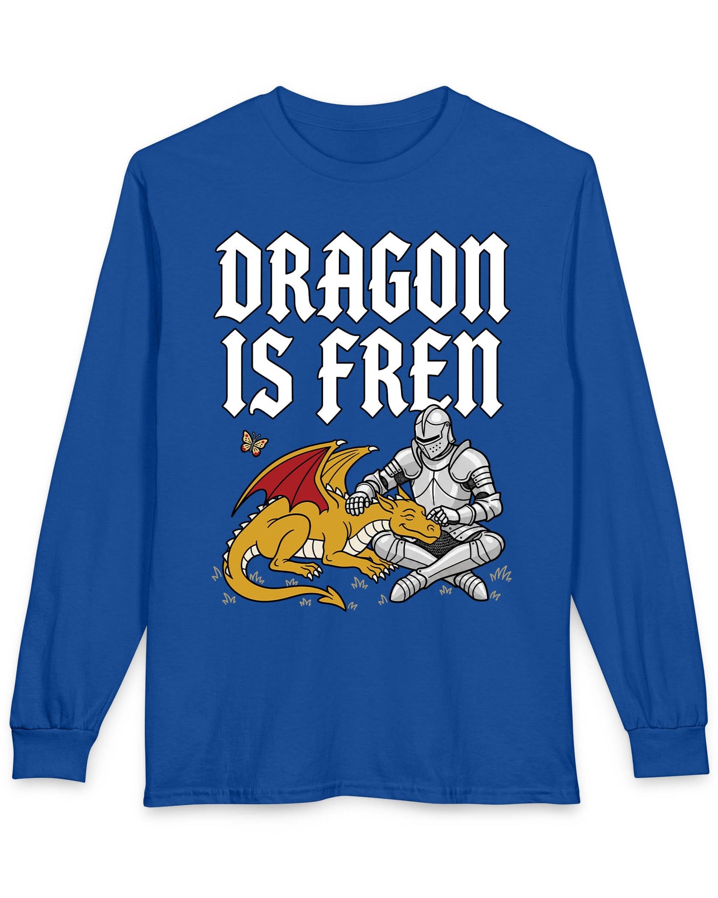 Dragon Is Fren shirt in royal blue featuring a smiling yellow dragon being petted by a knight with a butterfly nearby