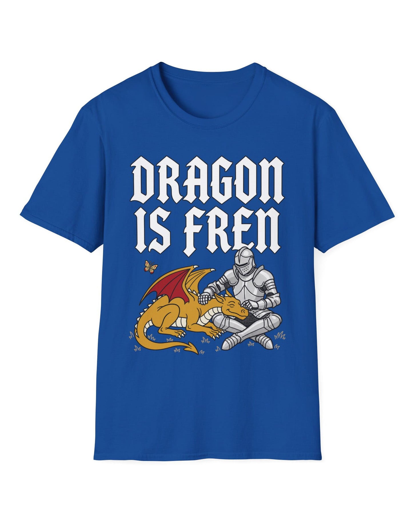 Dragon Is Fren shirt in royal blue featuring a smiling yellow dragon being petted by a knight with a butterfly nearby