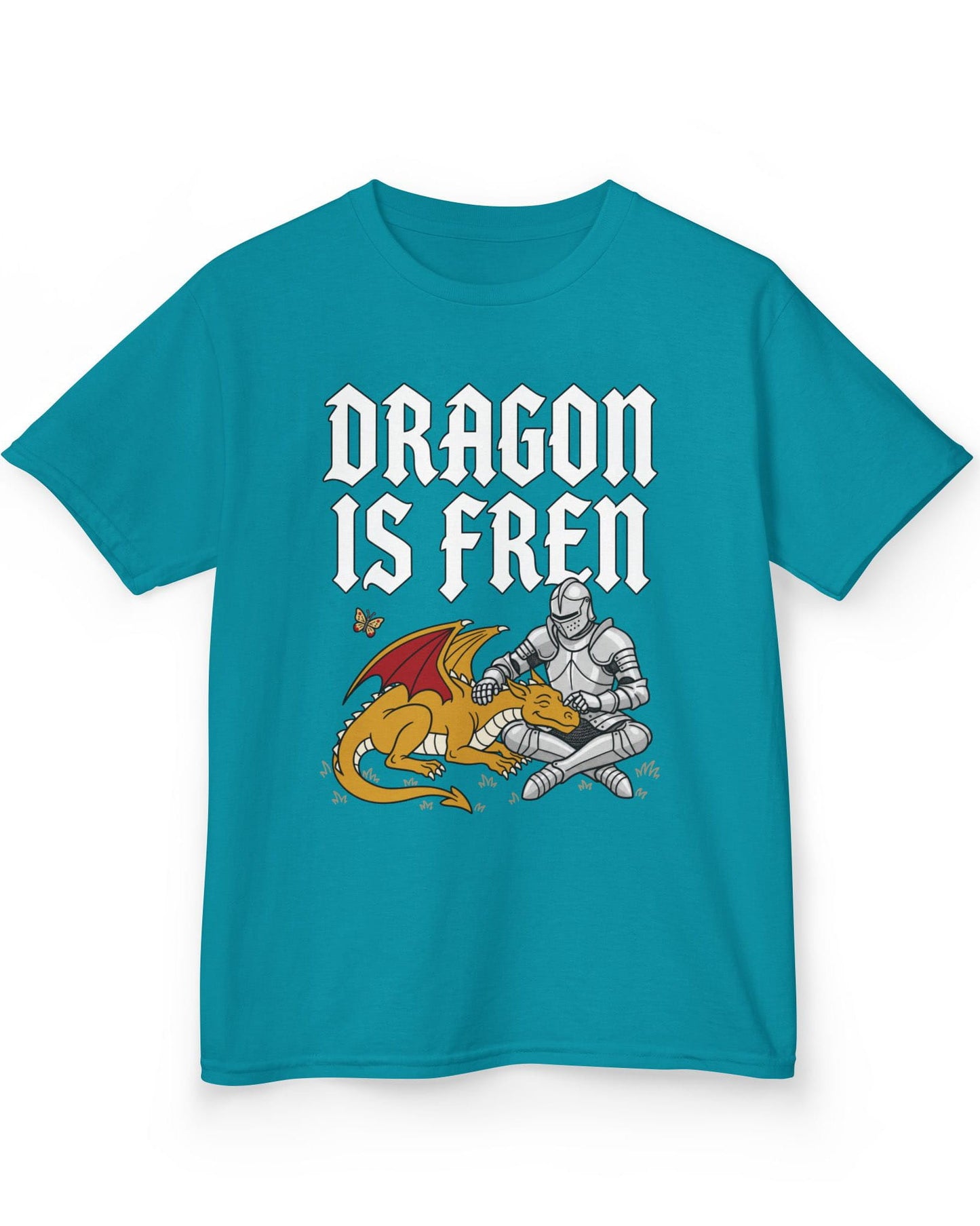 Dragon Is Fren shirt in tropical blue featuring a smiling yellow dragon being petted by a knight with a butterfly nearby