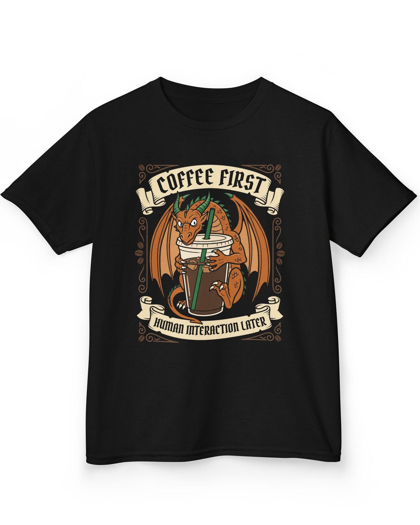 Coffee First shirt in black with a dragon hugging a large iced coffee cup with coffee bean decorations and banners