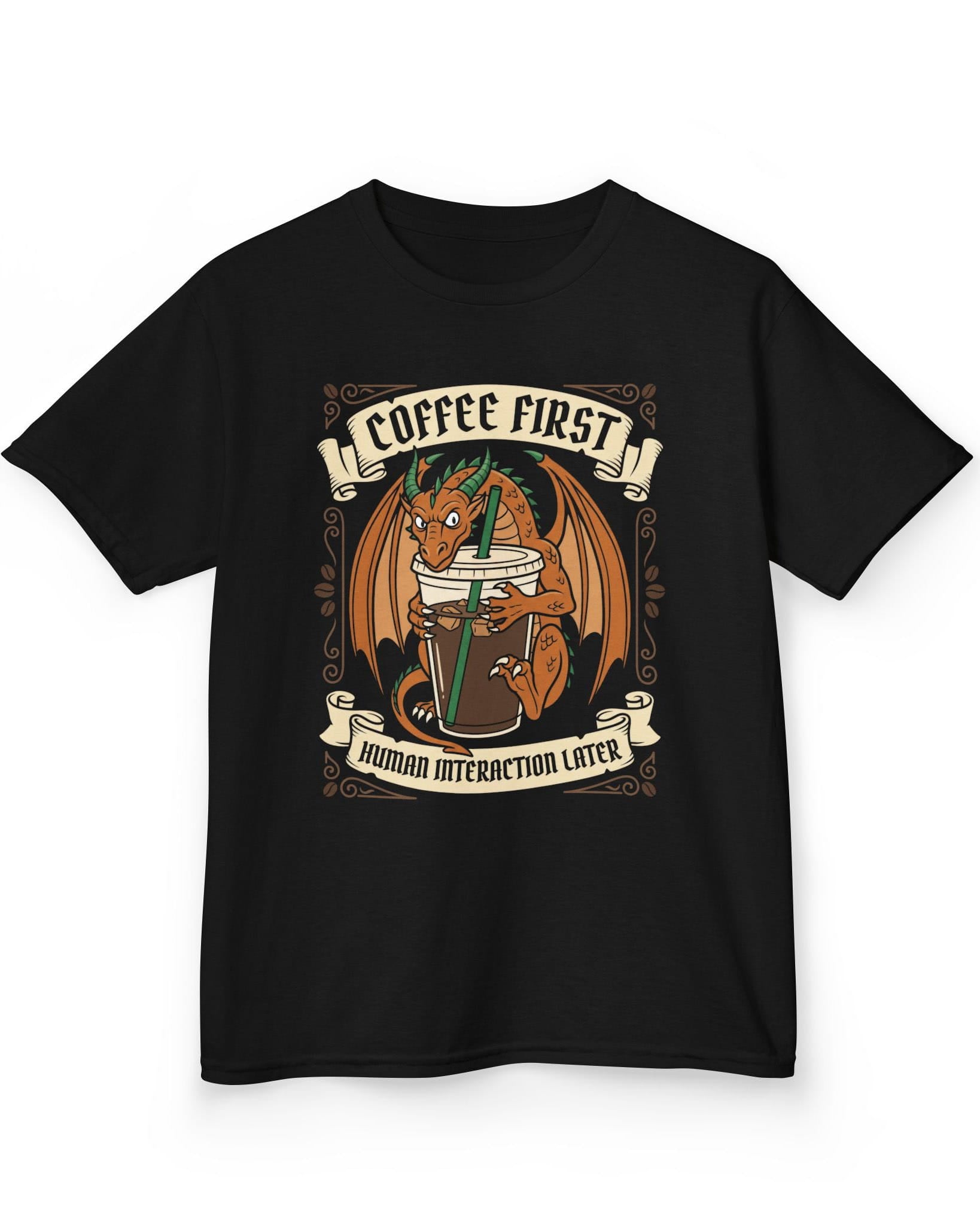 Coffee First shirt in black with a dragon hugging a large iced coffee cup with coffee bean decorations and banners