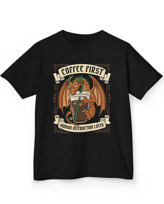 Coffee First shirt in black with a dragon hugging a large iced coffee cup with coffee bean decorations and banners