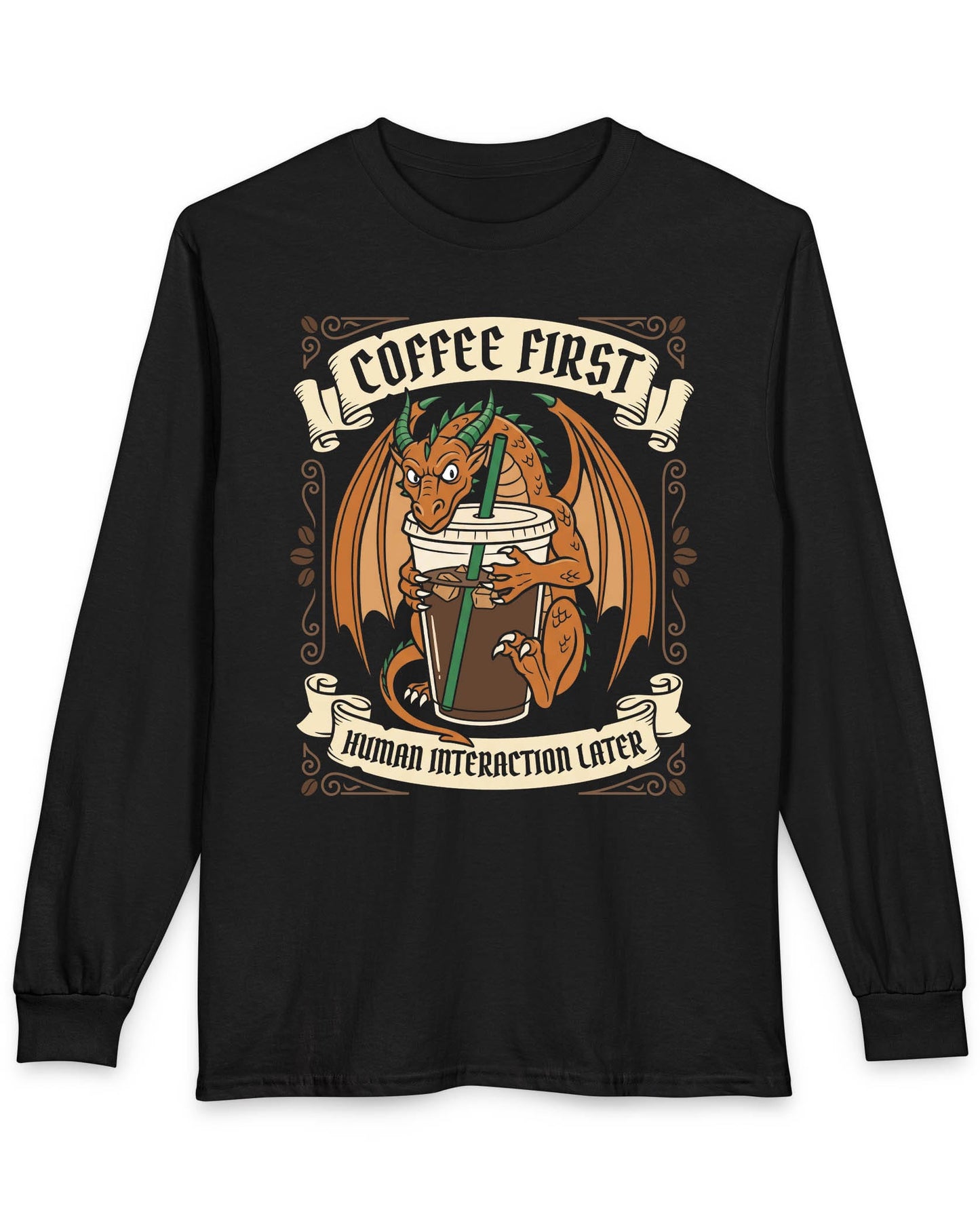 Coffee First shirt in black with a dragon hugging a large iced coffee cup with coffee bean decorations and banners
