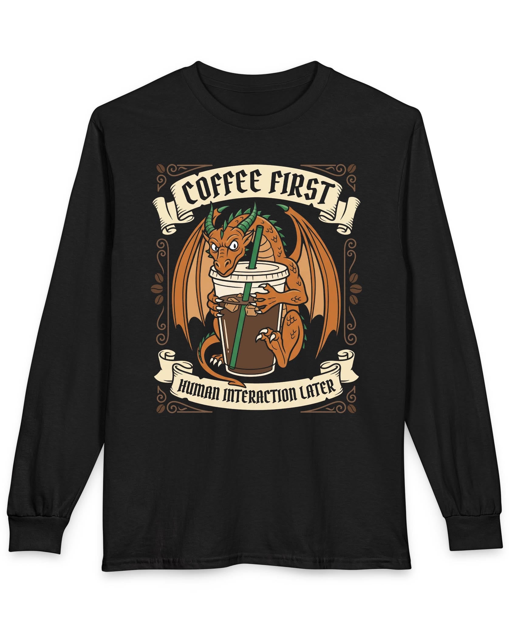 Coffee First shirt in black with a dragon hugging a large iced coffee cup with coffee bean decorations and banners