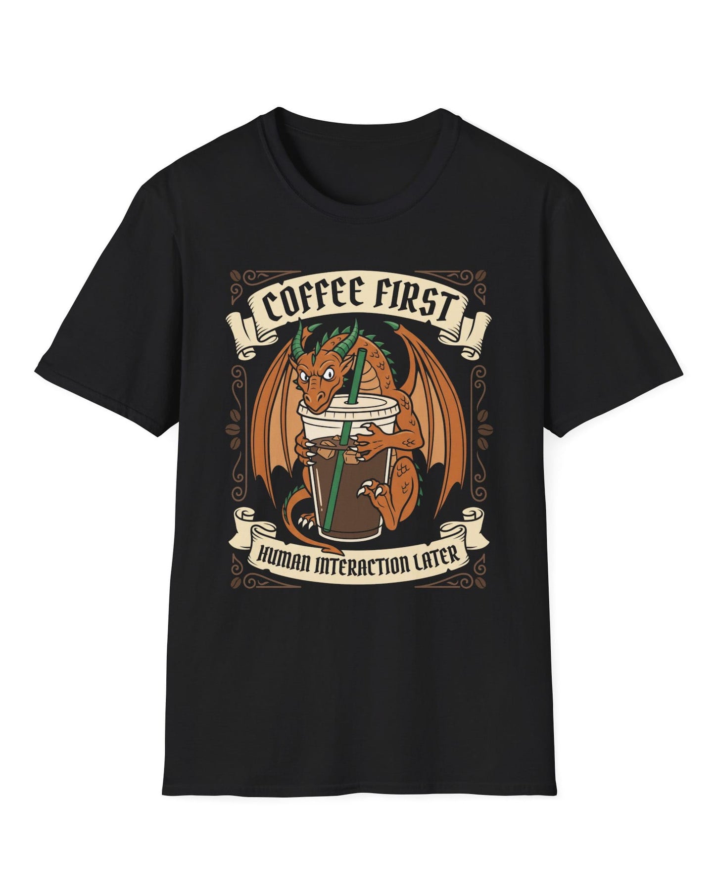 Coffee First shirt in black with a dragon hugging a large iced coffee cup with coffee bean decorations and banners