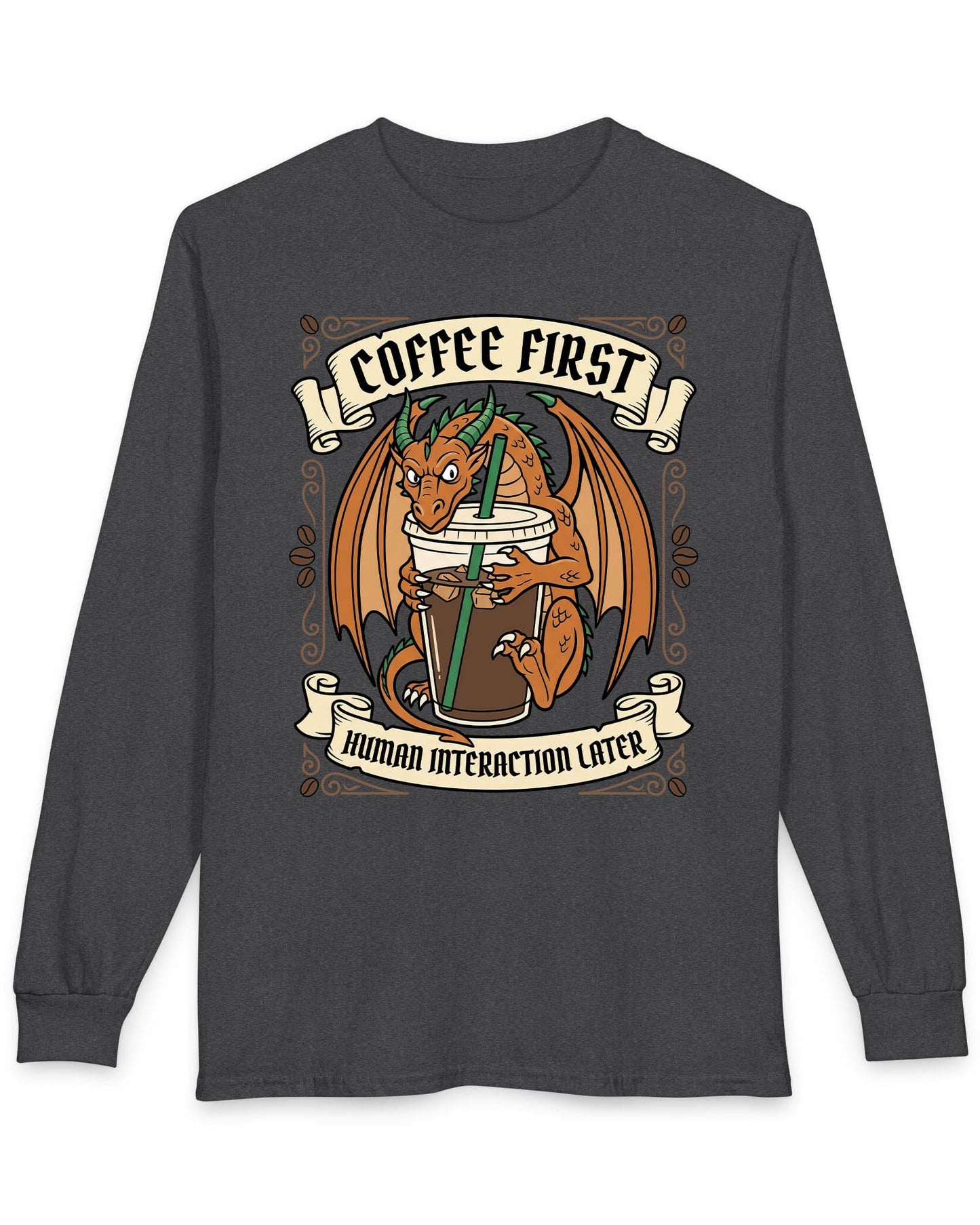 Coffee First shirt in dark heather with a dragon hugging a large iced coffee cup with coffee bean decorations and banners