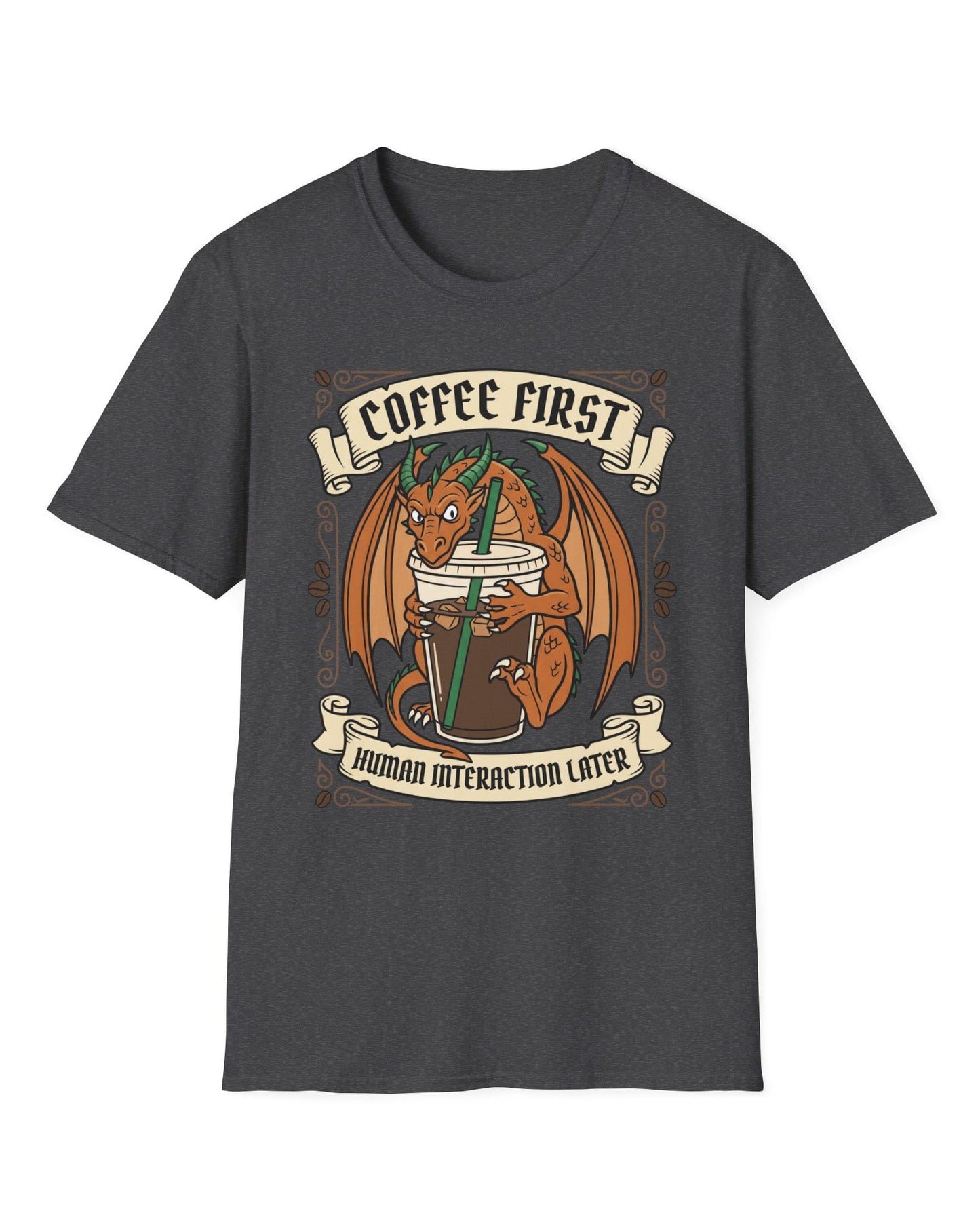 Coffee First shirt in dark heather with a dragon hugging a large iced coffee cup with coffee bean decorations and banners