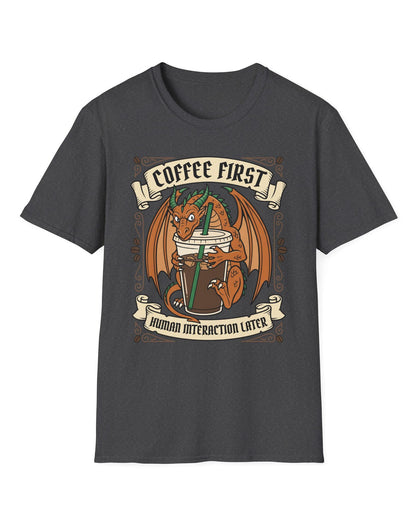 Coffee First shirt in dark heather with a dragon hugging a large iced coffee cup with coffee bean decorations and banners