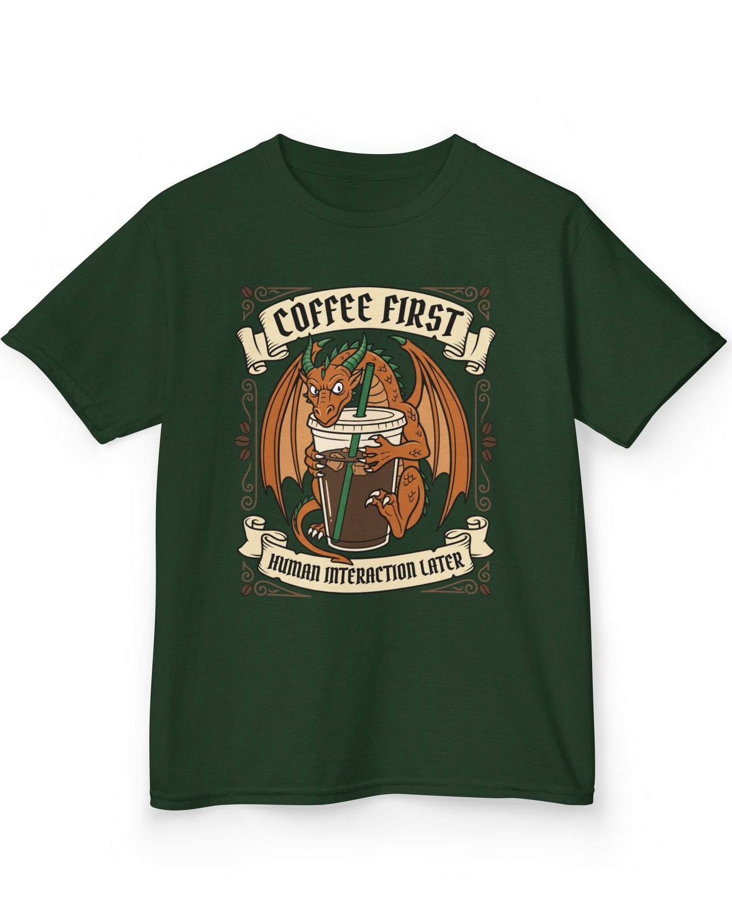 Coffee First shirt in forest green with a dragon hugging a large iced coffee cup with coffee bean decorations and banners