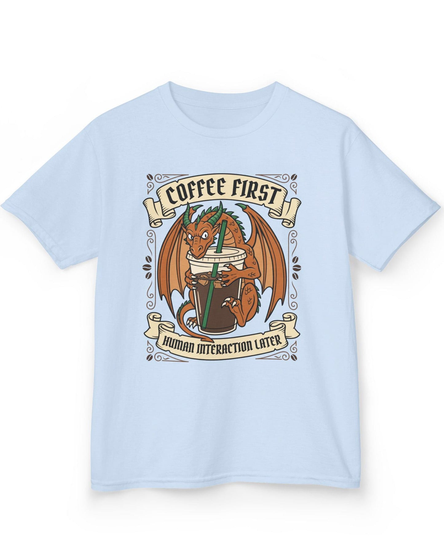 Coffee First shirt in light blue with a dragon hugging a large iced coffee cup with coffee bean decorations and banners