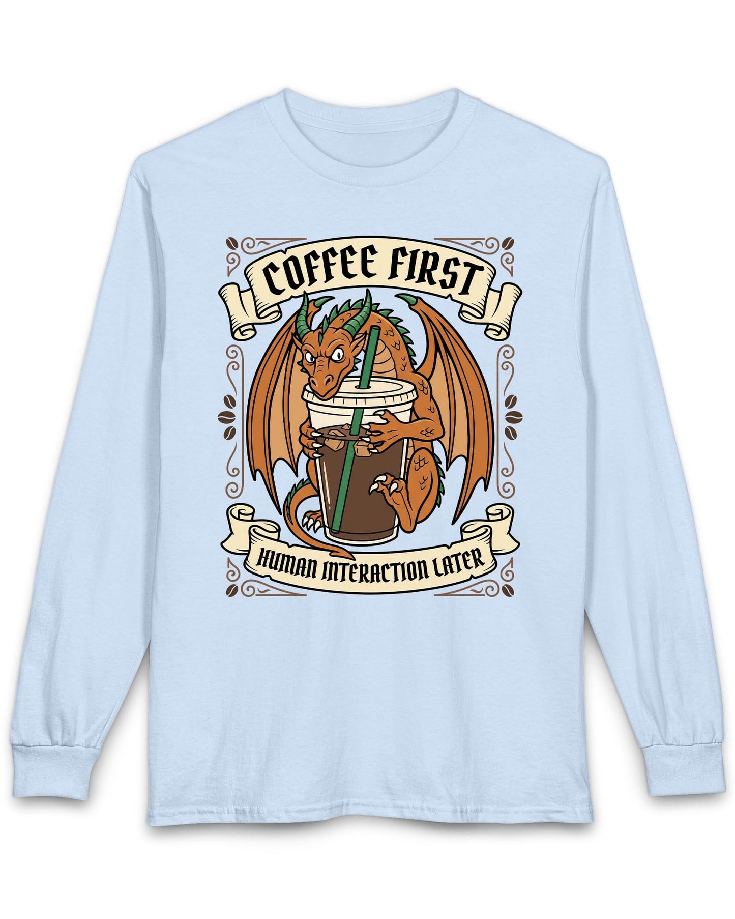 Coffee First shirt in light blue with a dragon hugging a large iced coffee cup with coffee bean decorations and banners